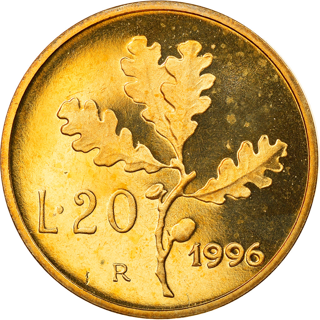 Coin, Italy, 20 Lire, 1996, Rome, Proof, MS(65-70), Aluminum-Bronze, KM:97.2