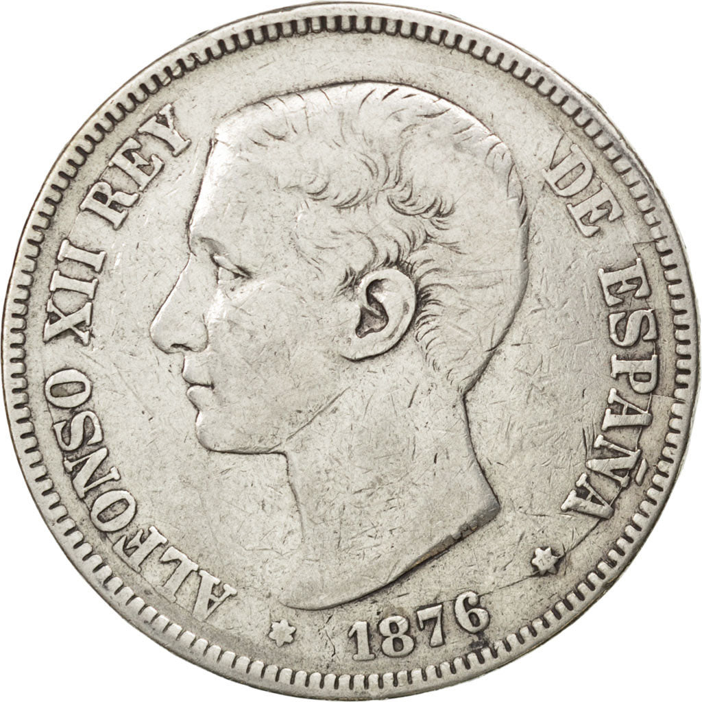 Spagna, Alfonso XII, 5 Pesetas, 1876, BB, Argento, KM:671