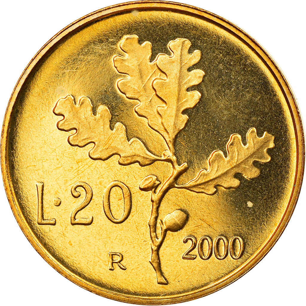 Coin, Italy, 20 Lire, 2000, Rome, Proof, MS(65-70), Aluminum-Bronze, KM:97.2