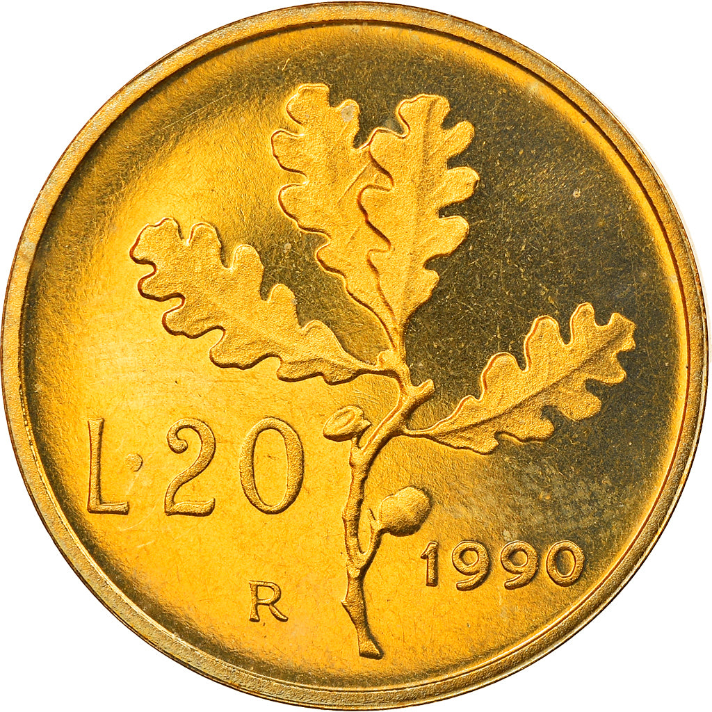 Coin, Italy, 20 Lire, 1990, Rome, Proof, MS(65-70), Aluminum-Bronze, KM:97.2