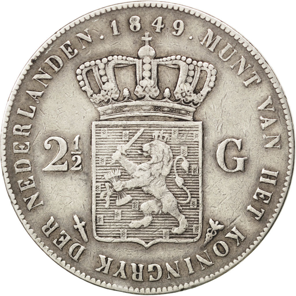 NETHERLANDS, 2-1/2 Gulden, 1849, KM #69.2, VF(30-35), Silver, 38, 24.79