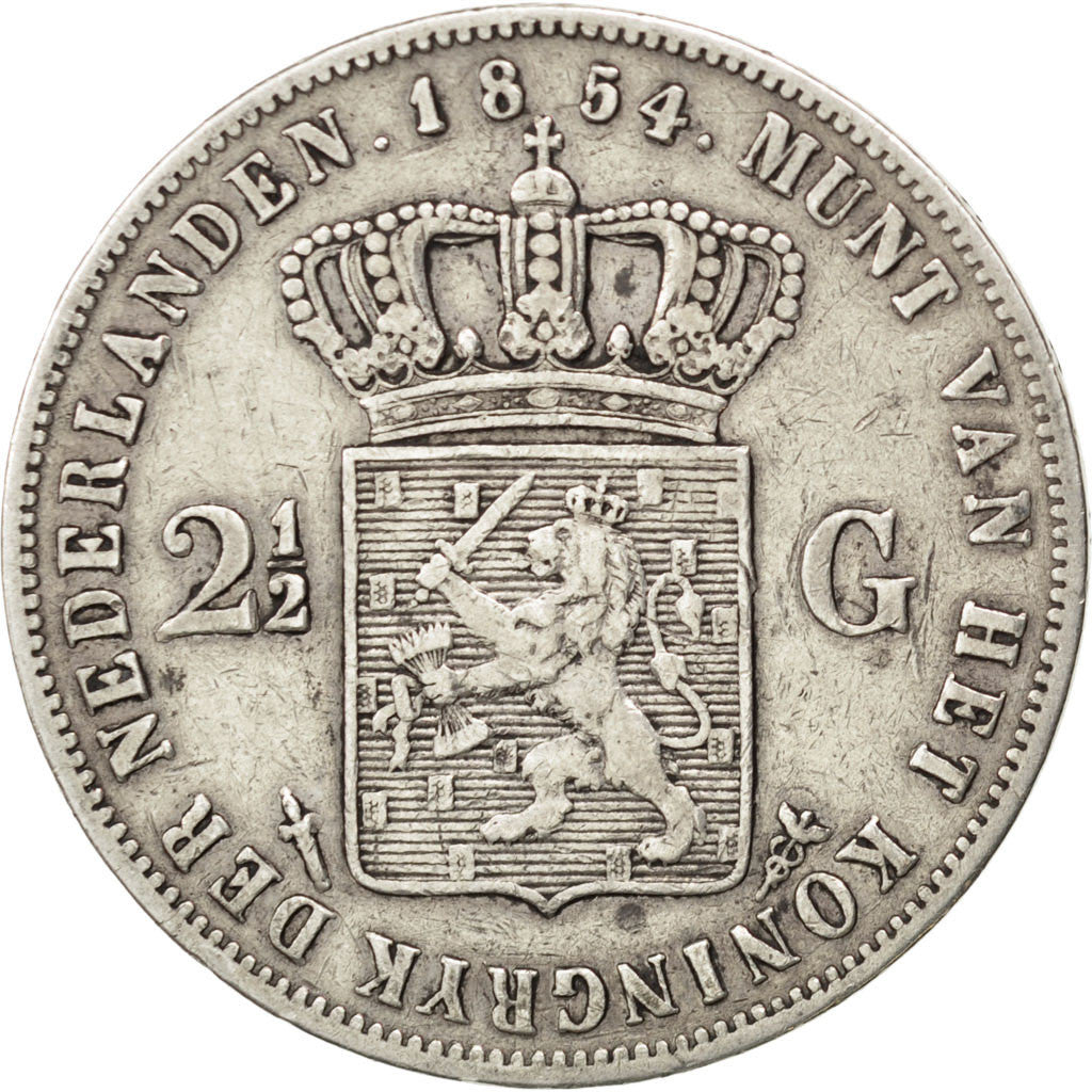 Münze, Niederlande, William III, 2-1/2 Gulden, 1854, S+, Silber, KM:82