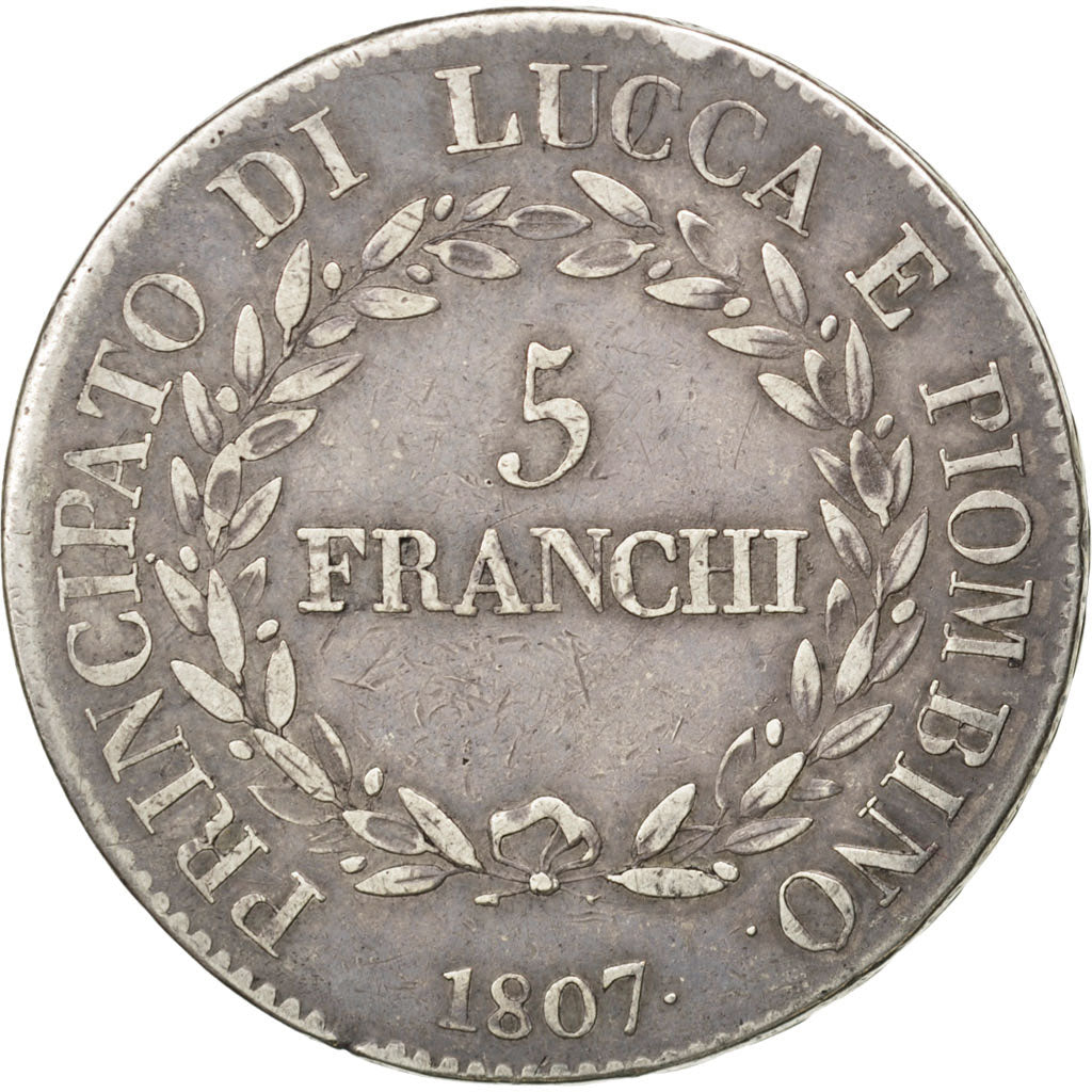ITALIAN STATES, 5 Franchi, 1807, Firenze, KM #24.3, VF(30-35), Silver, 37, 24.90