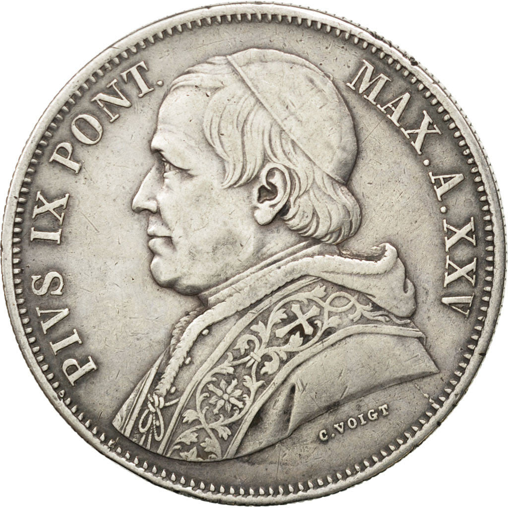 ITALIAN STATES, 5 Lire, 1870, Rome, KM #1385, EF(40-45), Silver, 24.94