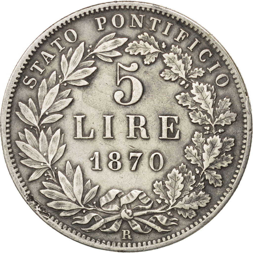 ITALIAN STATES, 5 Lire, 1870, Rome, KM #1385, EF(40-45), Silver, 24.94