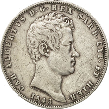 Monnaie, États italiens, SARDINIA, Carlo Alberto, 5 Lire, 1843, Genoa, TTB