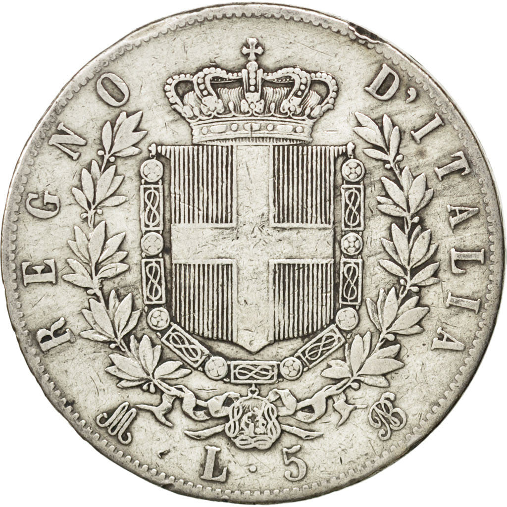 ITALY, 5 Lire, 1872, Milan, KM #8.3, VF(30-35), Silver, 24.87