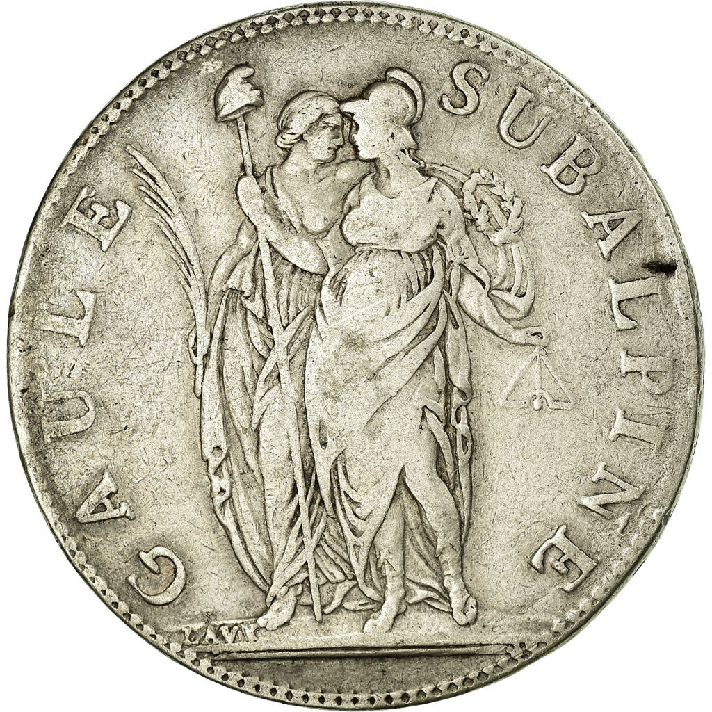Coin, ITALIAN STATES, PIEDMONT REPUBLIC, 5 Francs, 1801, VF(30-35), Silver, KM:4