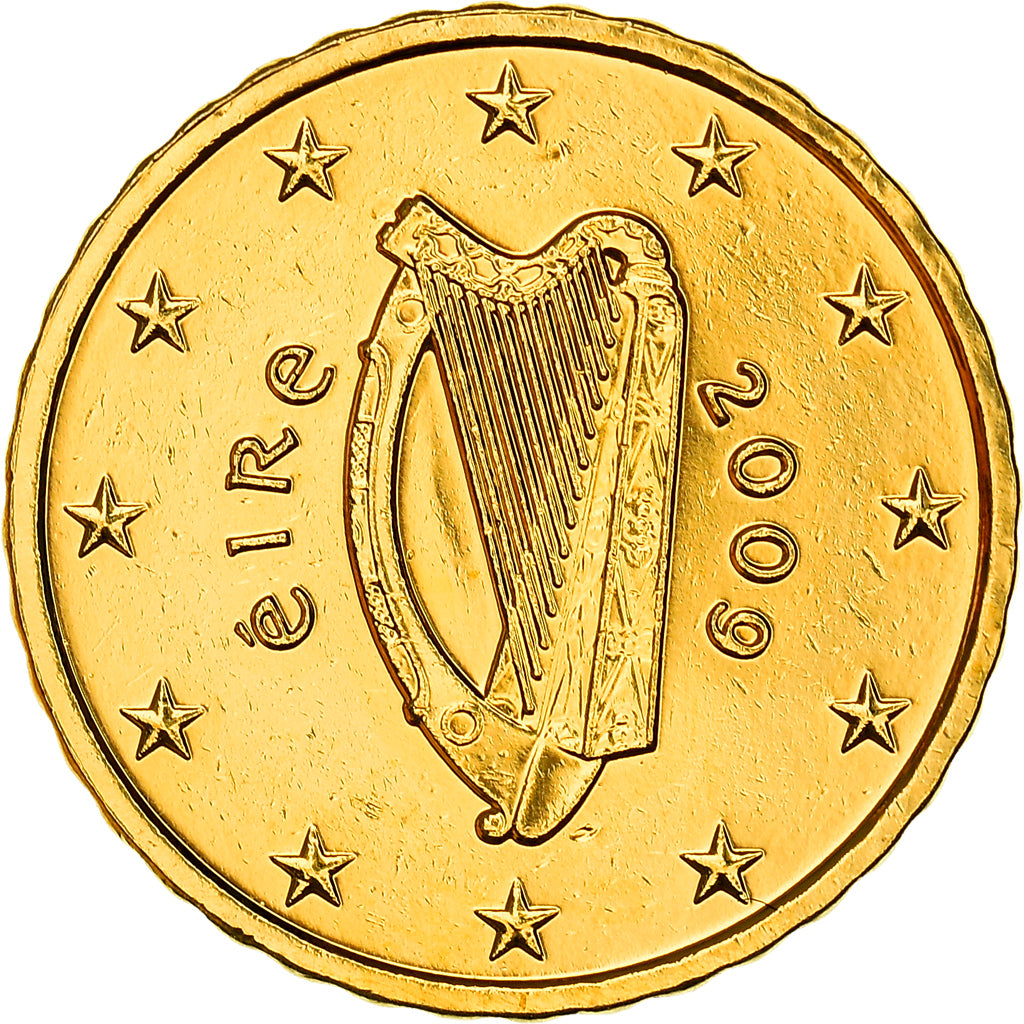 Ireland, 10 Centimes, Celtic harp, 2009, golden, MS(63), Nordic gold