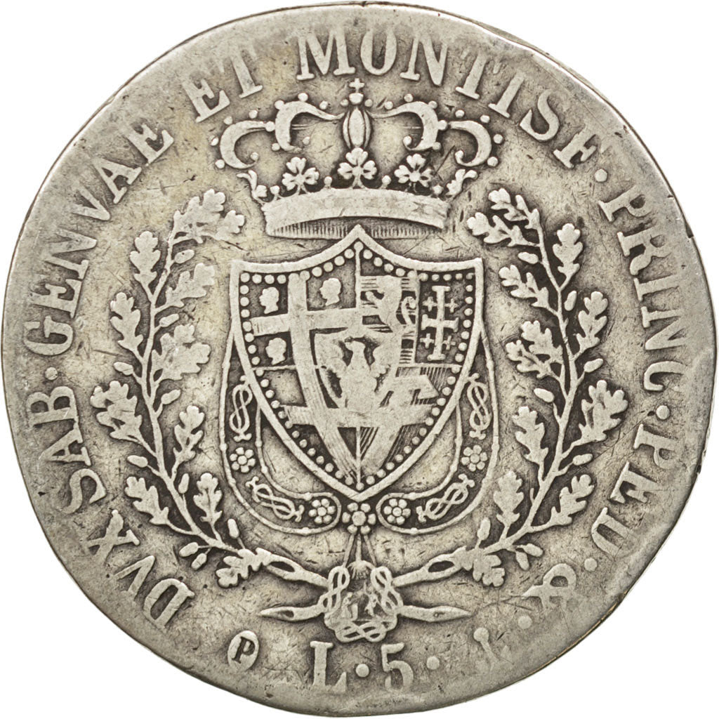 Italie, Sardaigne, Charles Félix, 5 Lire, 1829 P, Gênes, KM 116.2