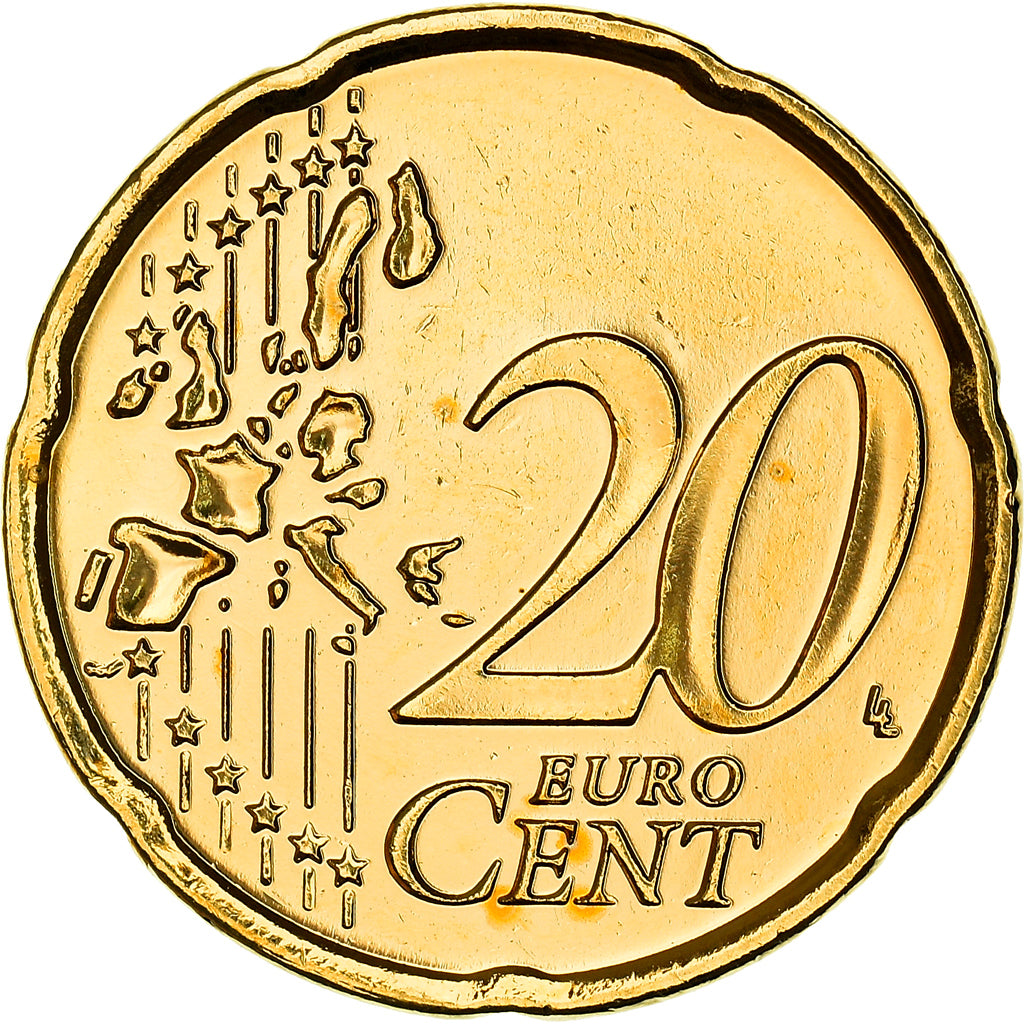 Ireland, 20 Centimes, Celtic harp, 2002, golden, MS(63), Nordic gold