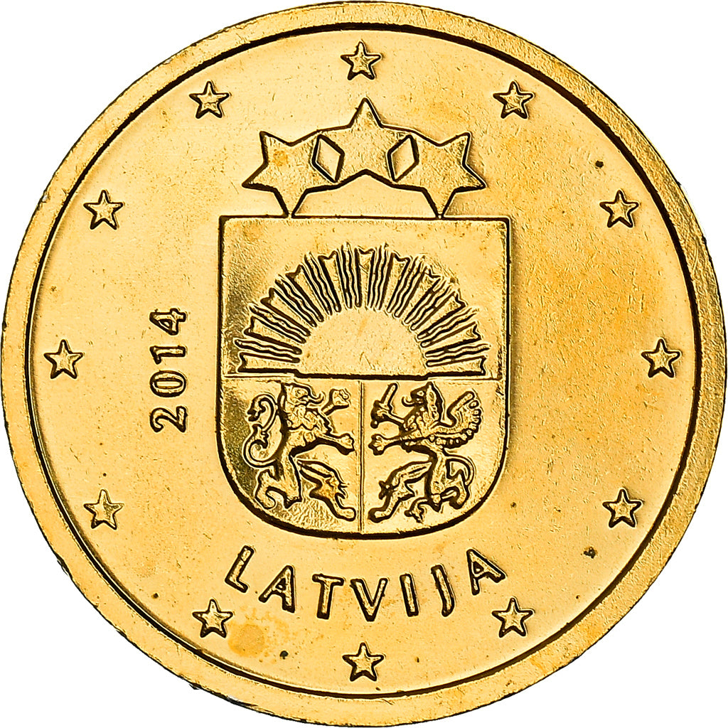 Letonia, 2 Centimes, small coat of arms of the Republic, 2014, golden, SC, Cobre