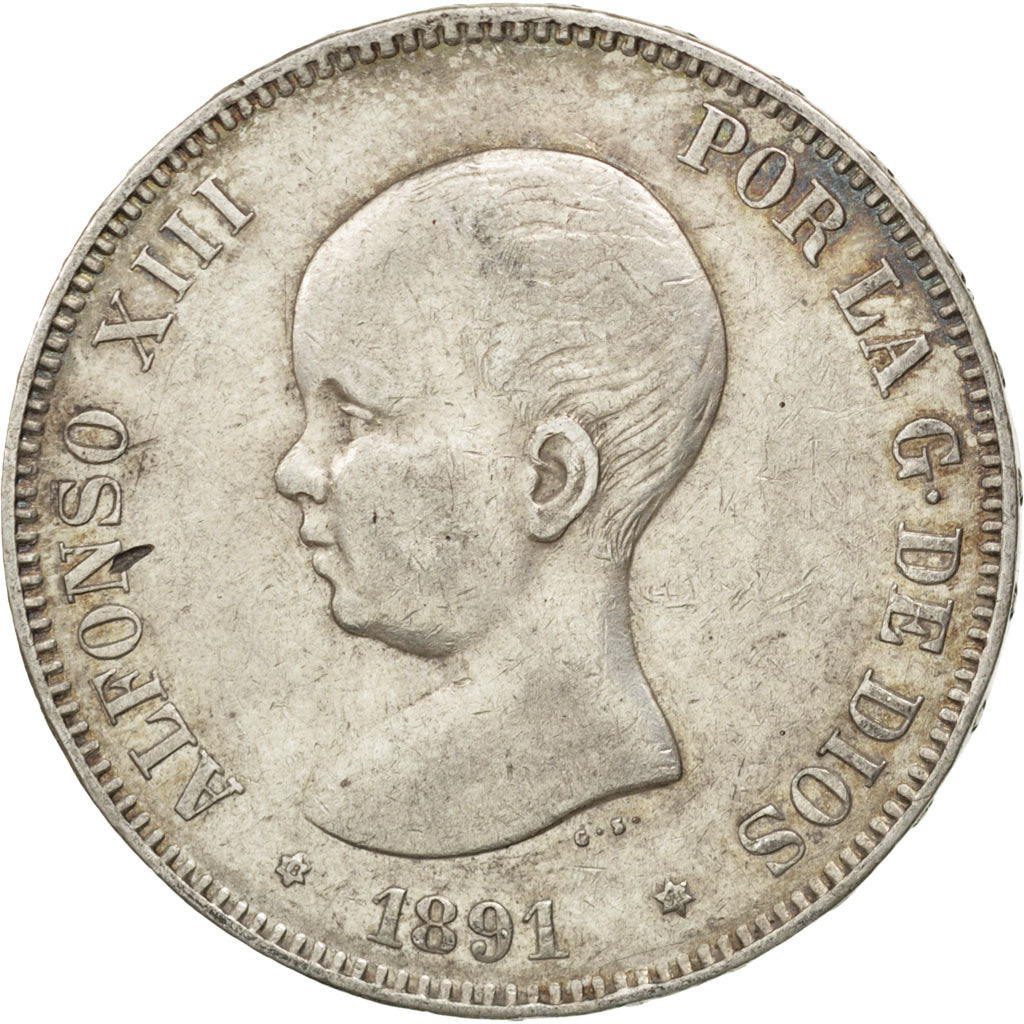 SPAIN, 5 Pesetas, 1891, KM #689, EF(40-45), Silver, 25.03