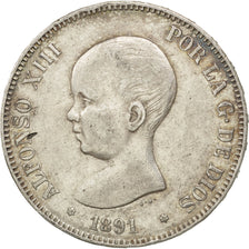 SPAIN, 5 Pesetas, 1891, KM #689, EF(40-45), Silver, 25.03