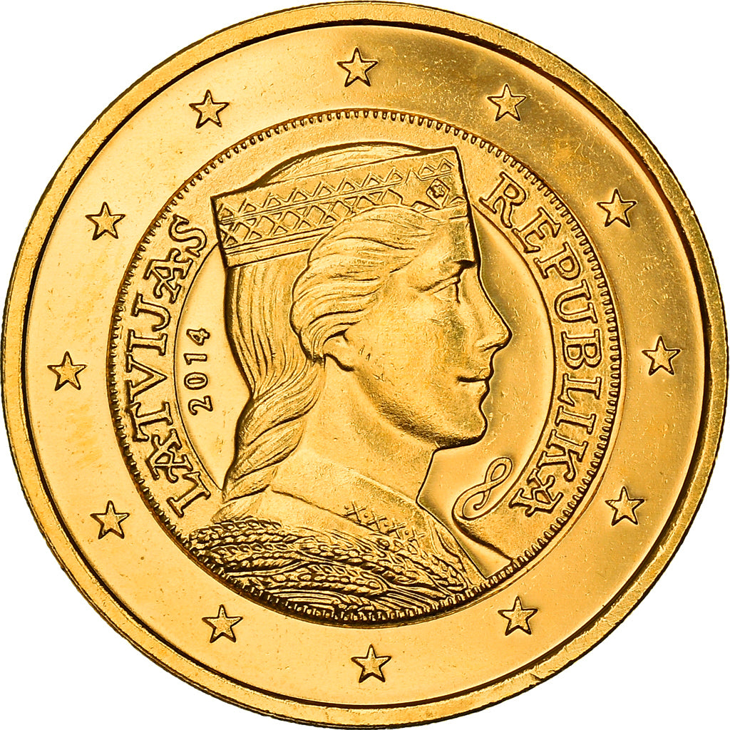 Latvia, 2 Euro, Latvian folk-maid, 2014, golden, MS(63), Nordic gold