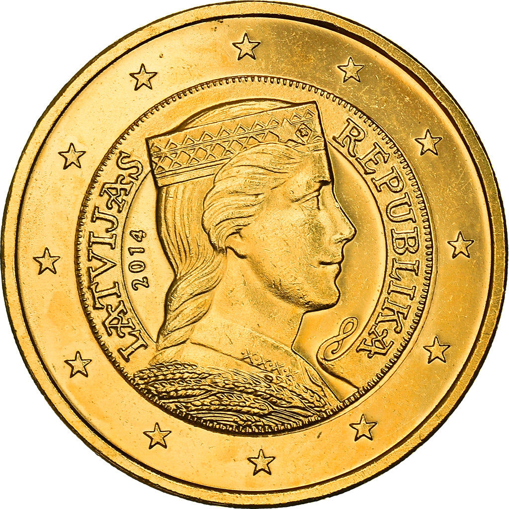 Letónia, 2 Euro, Latvian folk-maid, 2014, golden, MS(63), Nordic gold