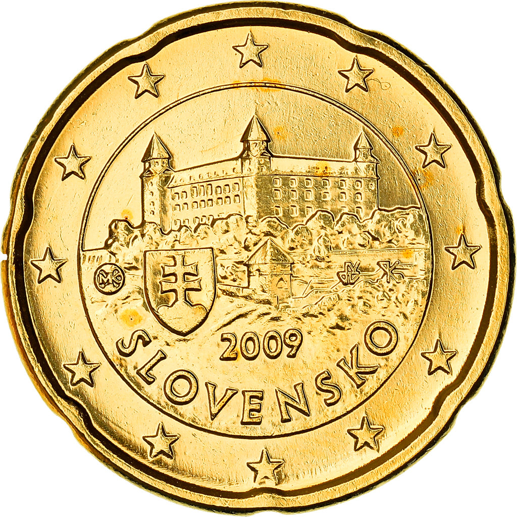Slovakia, 20 Euro Cent, Bratislava Castle, 2009, golden, MS(63), Nordic gold