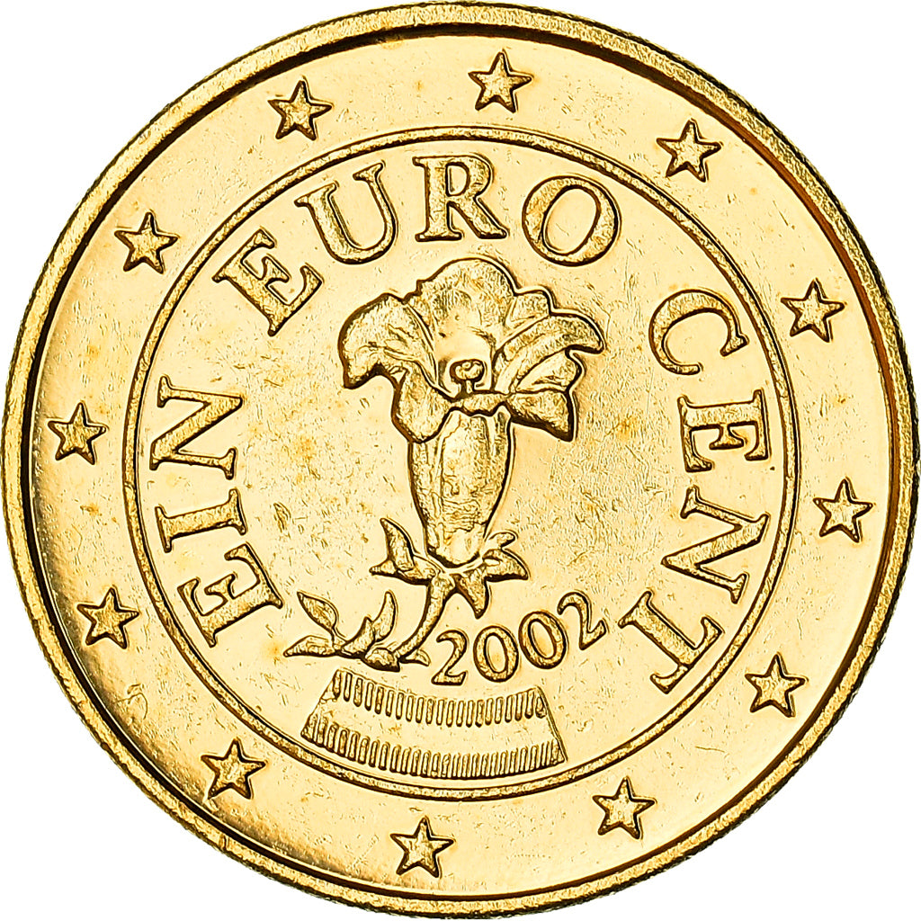 Austria, 1 Cent, A gentian, 2002, golden, MS(63), Copper Plated Steel