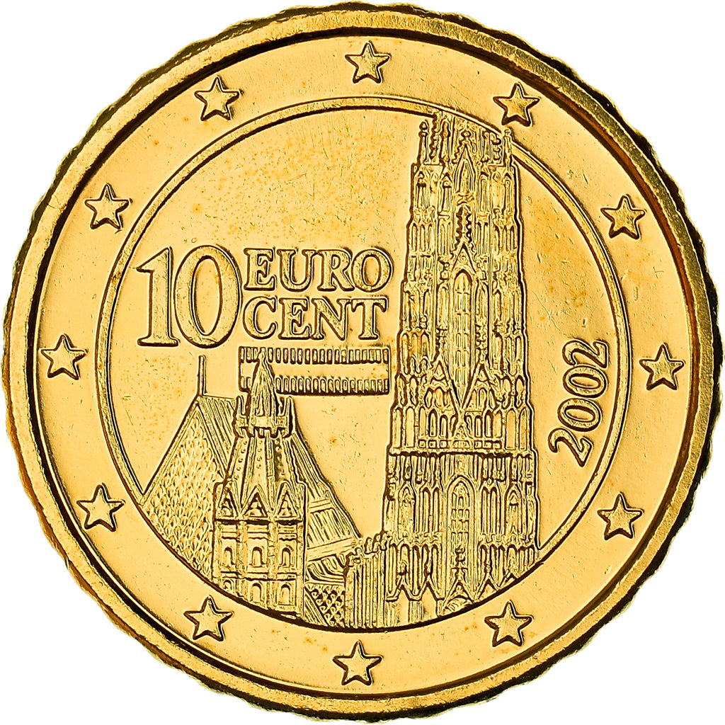 Austria, 10 Euro Cent, St. Stephen's Cathedral, 2002, golden, SPL, Nordic gold