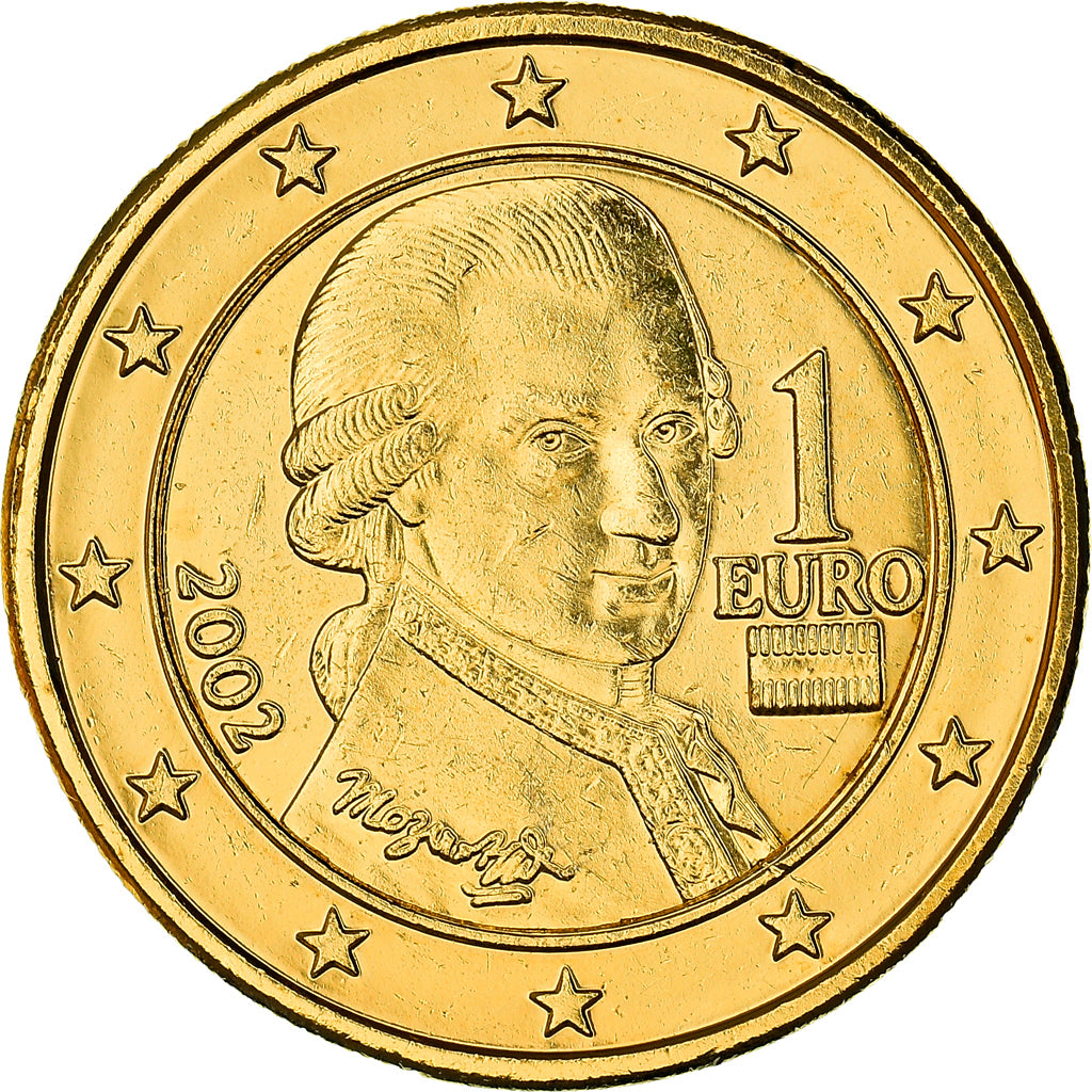 Austria, 1 Euro, Wolfgang Amadeus Mozart, 2002, golden, SC, Bimetálico