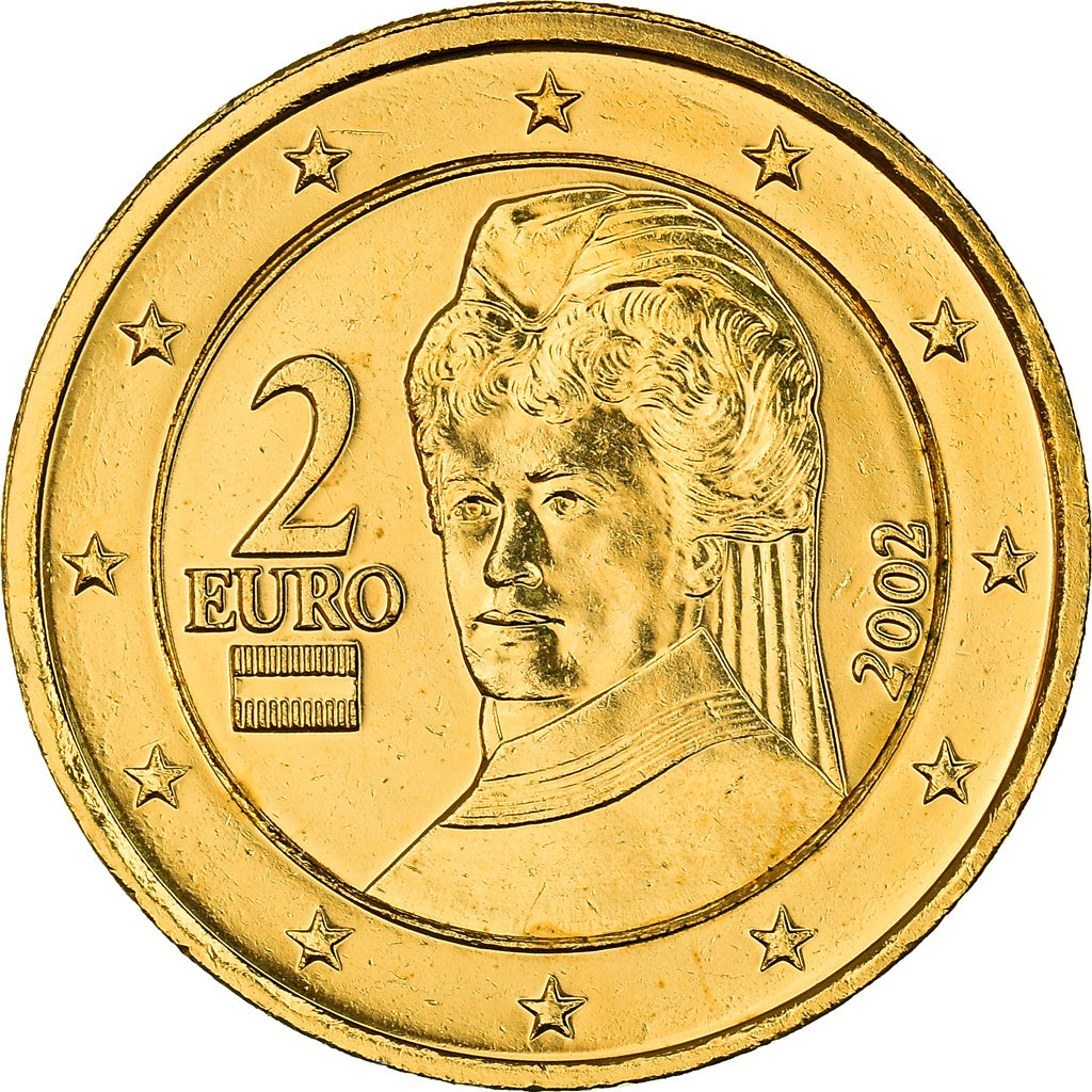 Autriche, 2 Euro, Bust of Bertha von Suttner, 2002, golden, SPL, Bi-Metallic