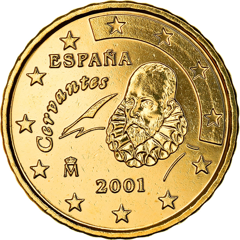 Espagne, 10 Euro Cent, Miguel de Cervantes, 2001, golden, SPL, Or nordique