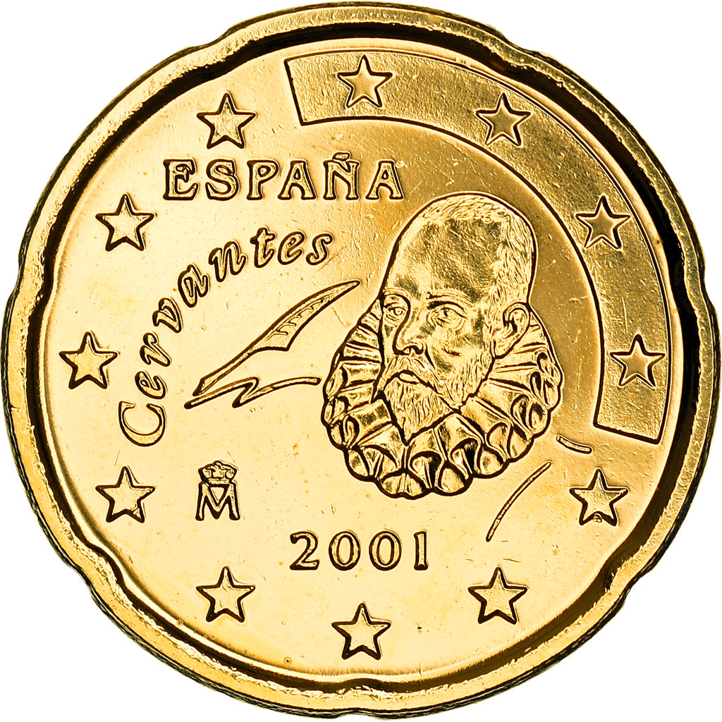 Spain, 20 Euro Cent, Miguel de Cervantes, 2001, golden, MS(63), Nordic gold