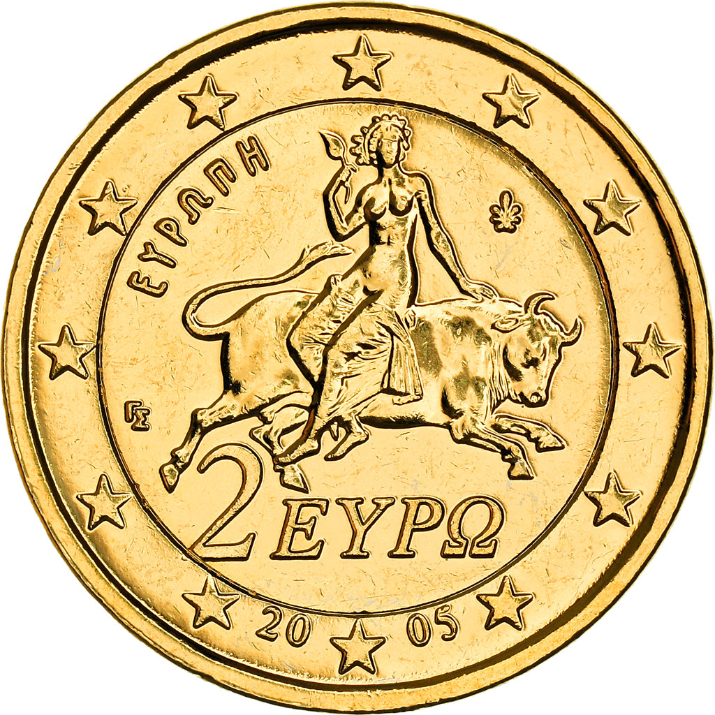 Griechenland, 2 Euro, the myth of the Abduction of Europa, 2005, golden, UNZ