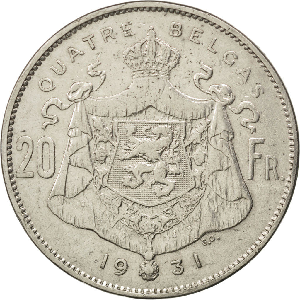 BELGIUM, 20 Francs, 20 Frank, 1931, KM #101.1, VF(30-35), Nickel, 37, 20.36