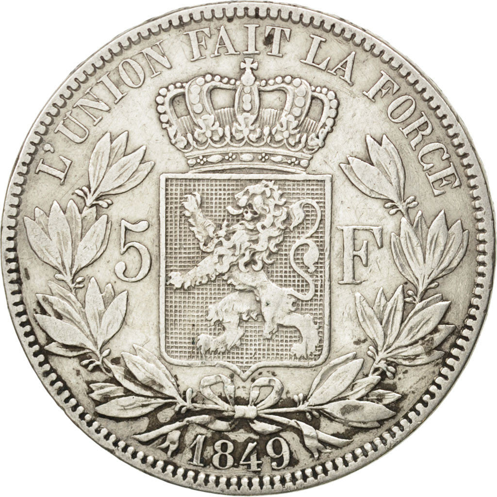 BELGIUM, 5 Francs, 5 Frank, 1849, KM #17, EF(40-45), Silver, 24.89