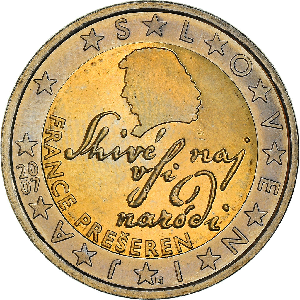 Eslovenia, 2 Euro, poet France Prešeren, 2007, SC+, Bimetálico