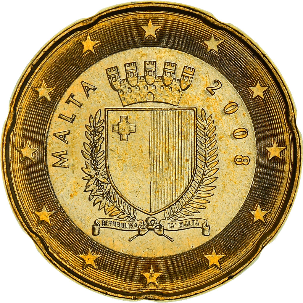 Malta, 20 Euro Cent, The arms of Malta, 2008, MS(64), Nordic gold