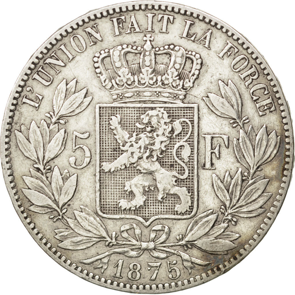 BELGIUM, 5 Francs, 5 Frank, 1875, KM #24, EF(40-45), Silver, 24.83