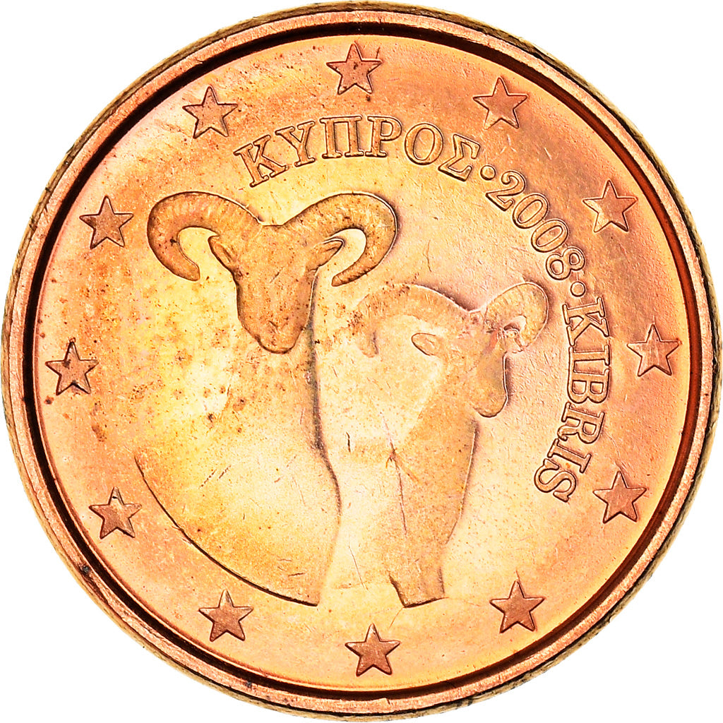 Cypr, 1 Cent, Two mouflons, 2008, MS(64), Miedź platerowana stalą