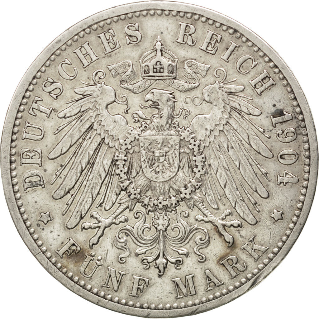 German States, 5 Mark, 1904, Karlsruhe, KM #274, VF(30-35), Silver, 38, 27.73