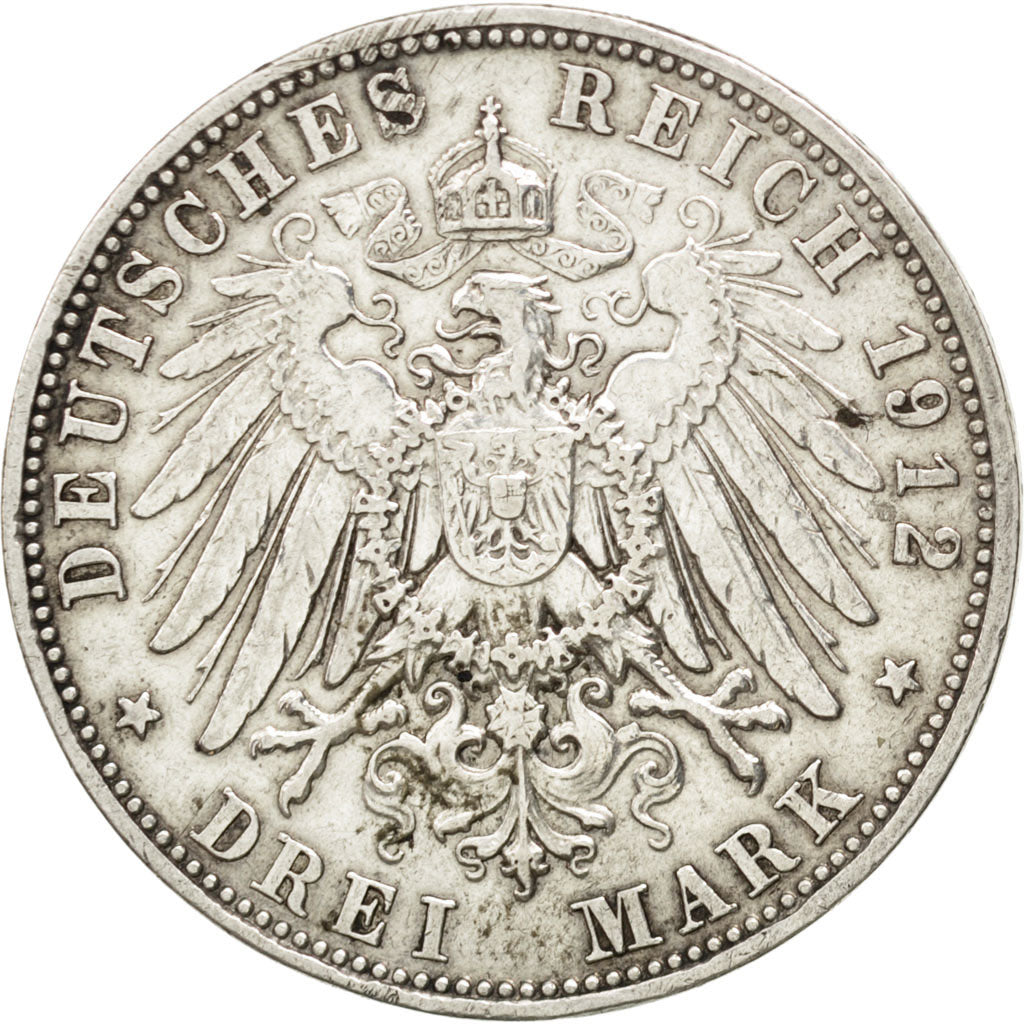German States, 3 Mark, 1912, Munich, KM #996, VF(30-35), Silver, 33, 16.62