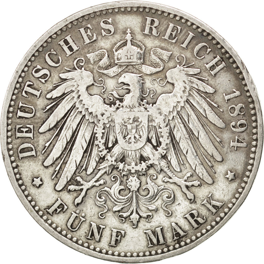 German States, 5 Mark, 1894, Muldenhütten, KM #1246, EF(40-45), Silver, 38,...