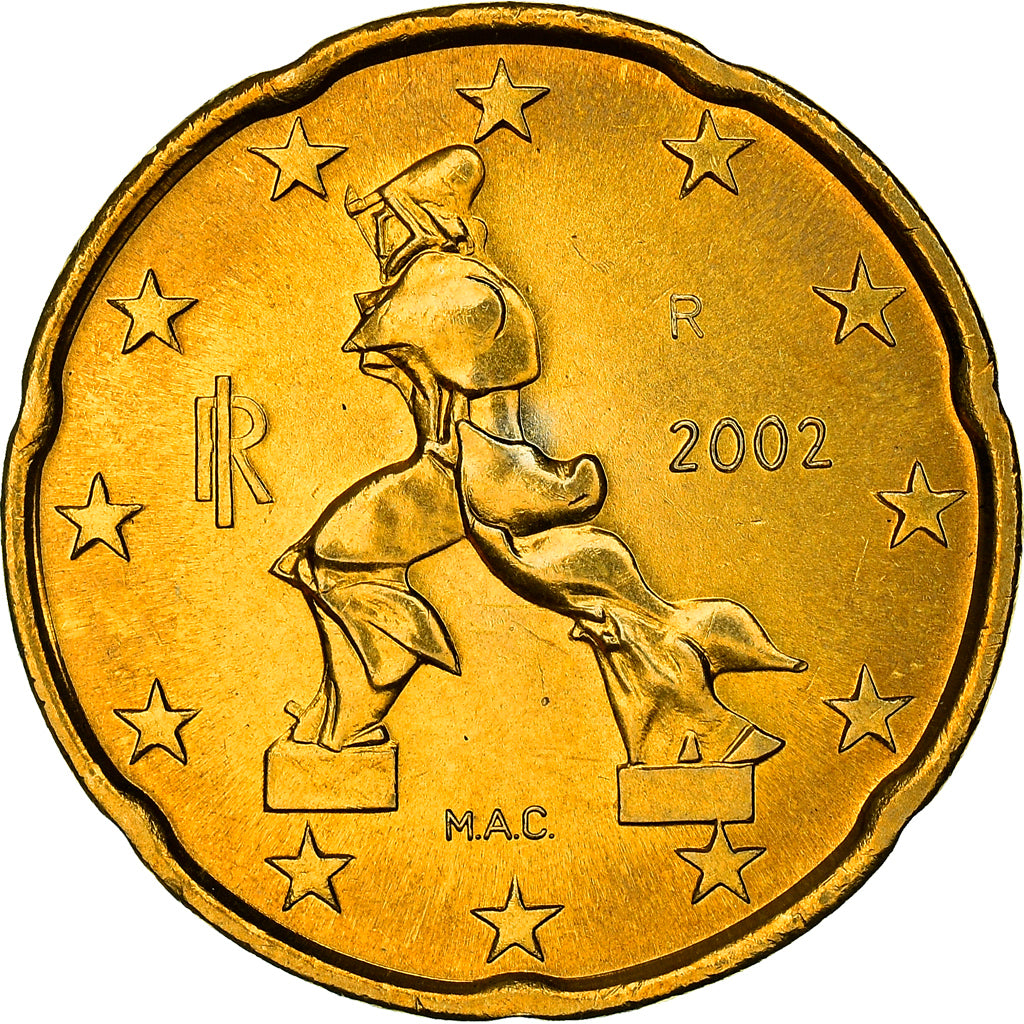 Italy, 20 Euro Cent, Boccioni's sculpture, 2002, MS(64), Nordic gold