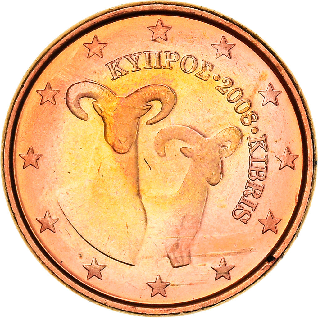 Cypr, 1 Cent, Two mouflons, 2008, MS(64), Miedź platerowana stalą