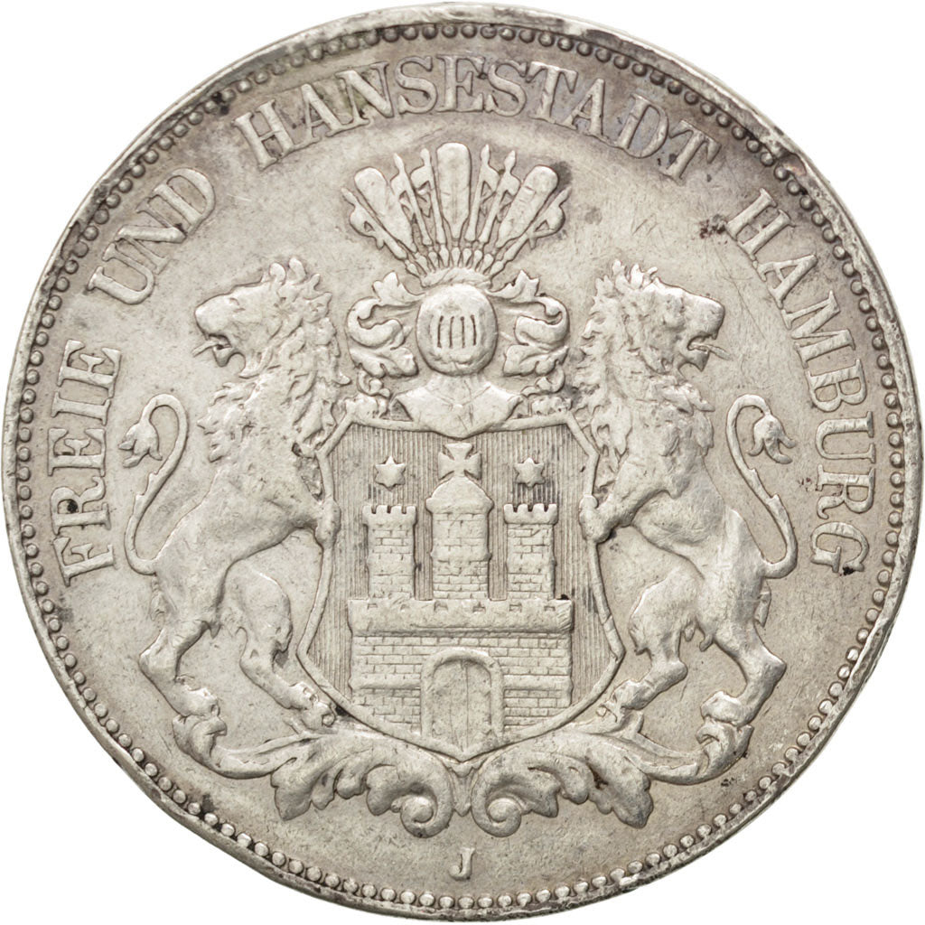 German States, 5 Mark, 1907, Hambourg, KM #610, EF(40-45), Silver, 38, 27.75