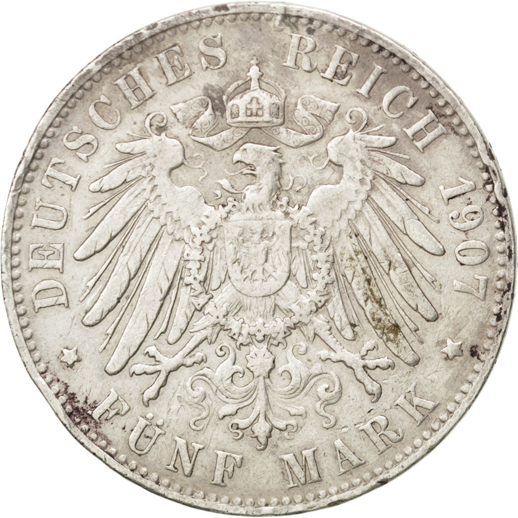 German States, 5 Mark, 1907, Hambourg, KM #610, EF(40-45), Silver, 38, 27.75