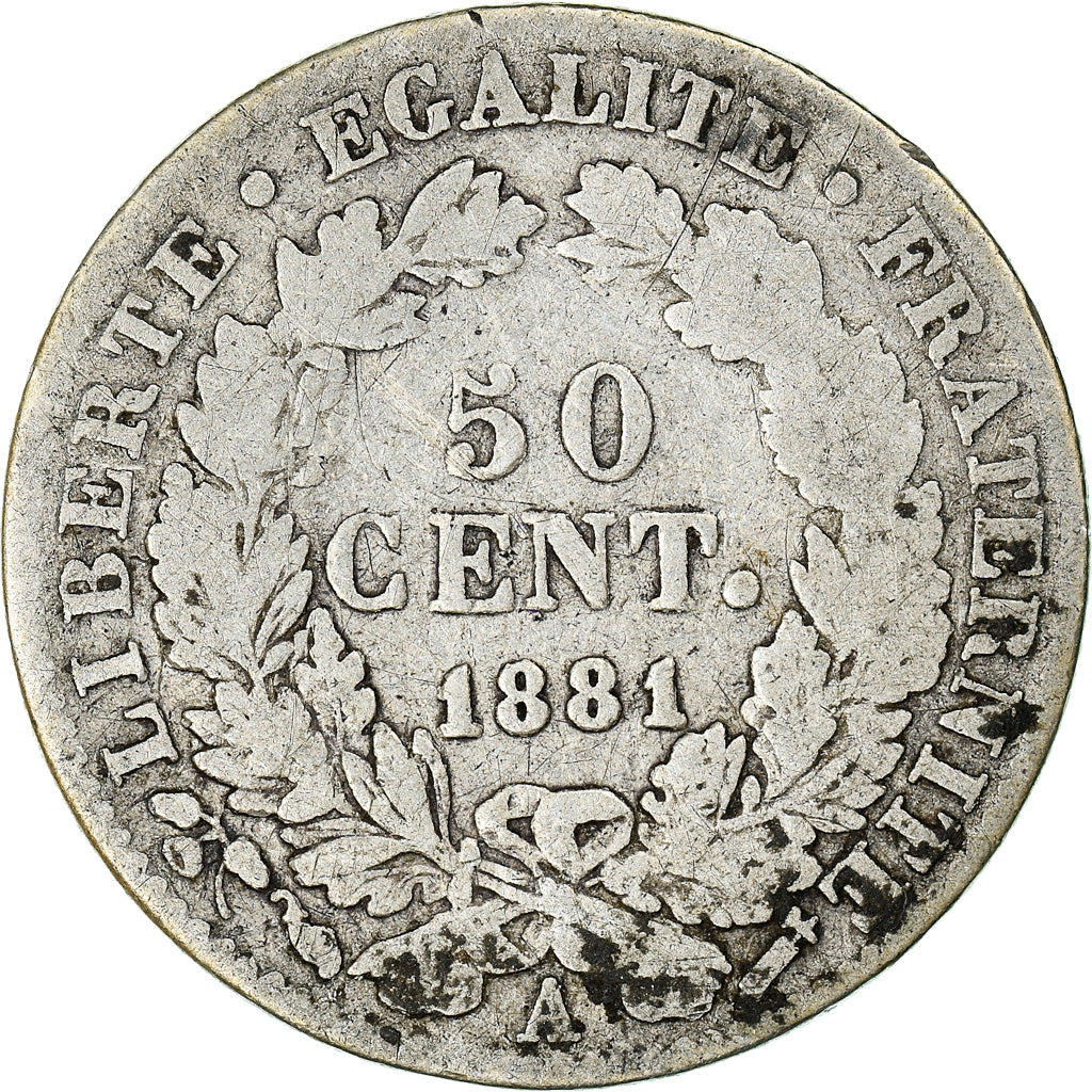 Monnaie, France, Cérès, 50 Centimes, 1881, Paris, TB+, Argent, KM:834.1