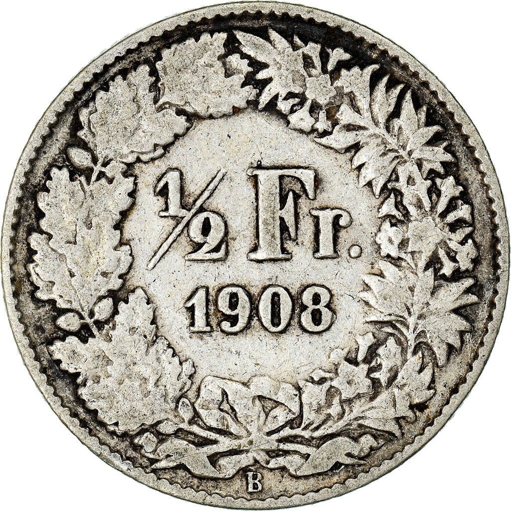 Moneta, Svizzera, 1/2 Franc, 1908, Bern, MB+, Argento, KM:23
