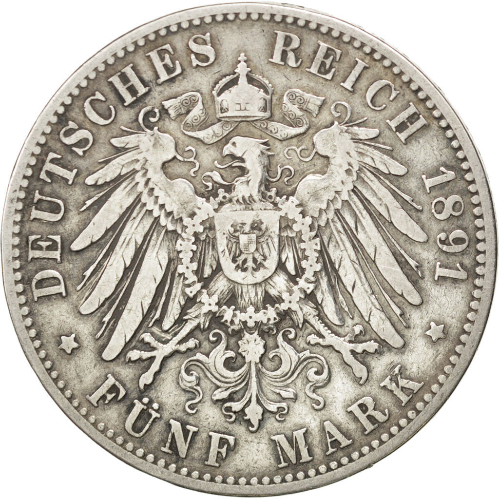 German States, 5 Mark, 1891, Munich, KM #915, VF(30-35), Silver, 38, 27.41