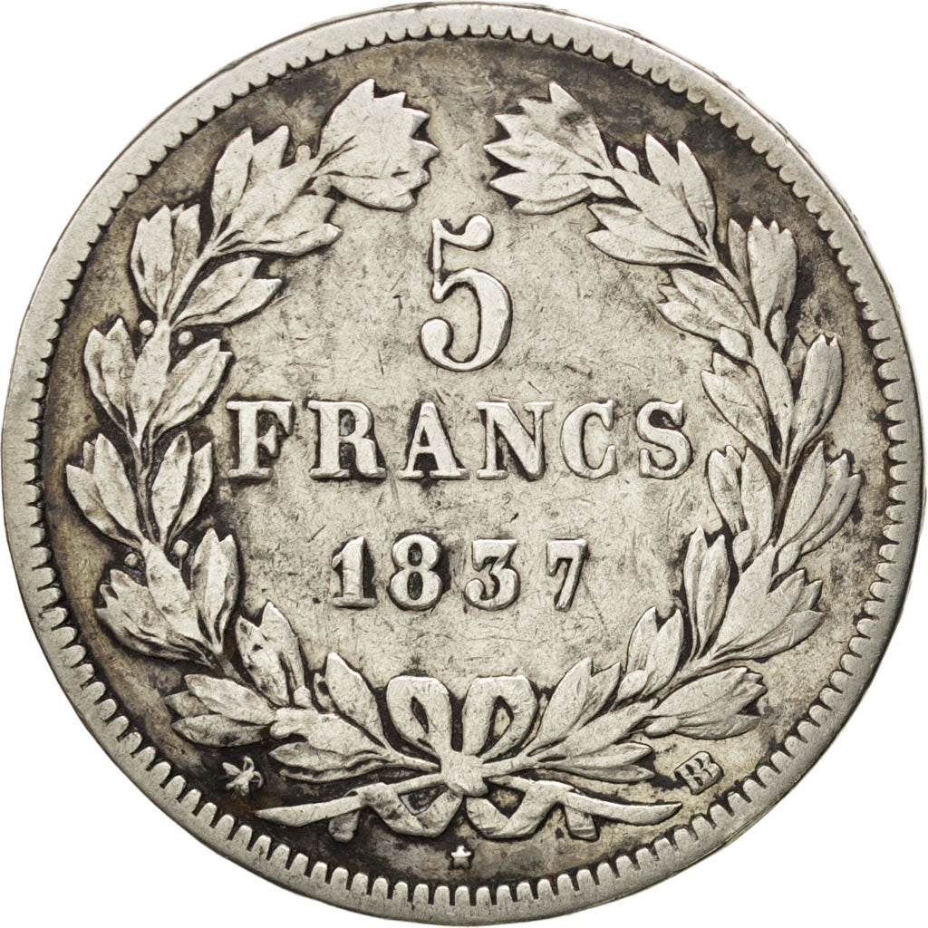 Louis-Philippe I, 5 Francs tête laurée, 1837 BB, Strasbourg, Gadoury 678