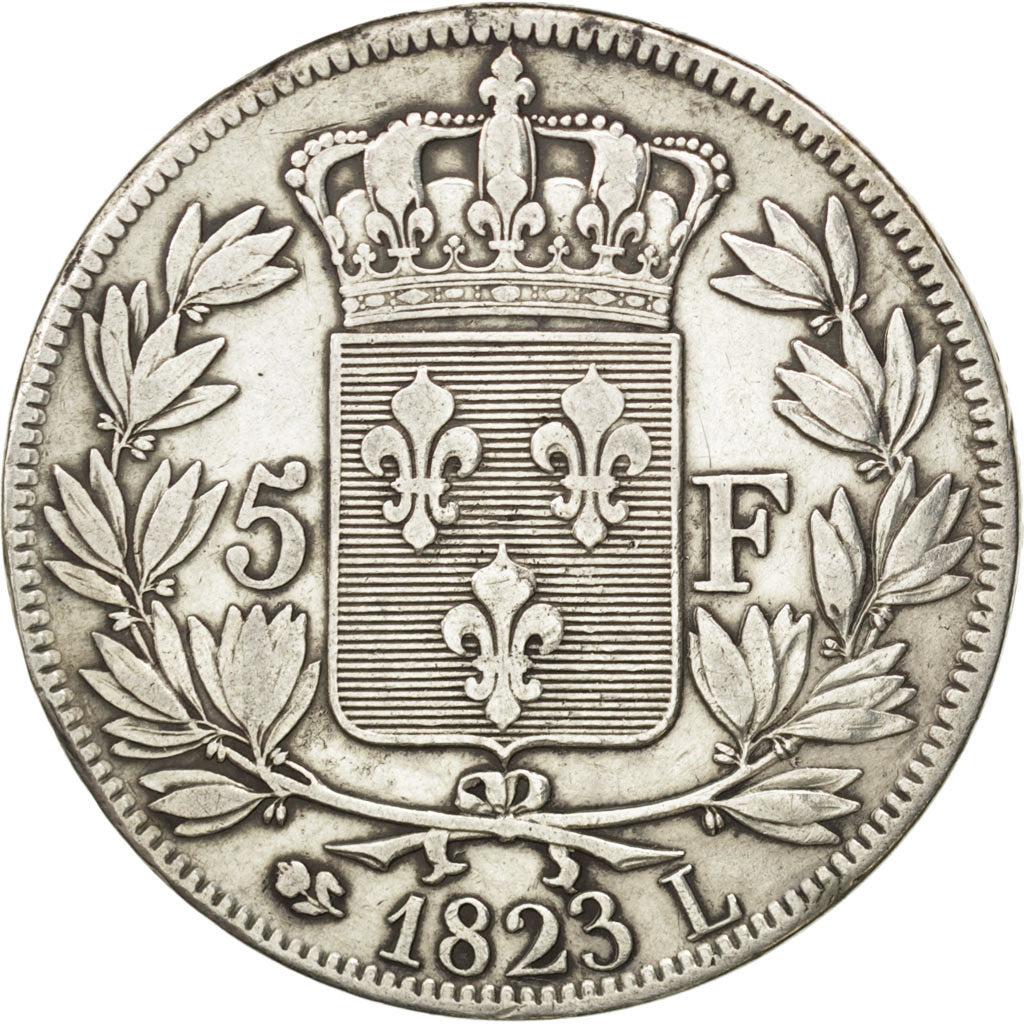 FRANCE, Louis XVIII, 5 Francs, 1823, Bayonne, KM #711.8, EF(40-45), Silver,...