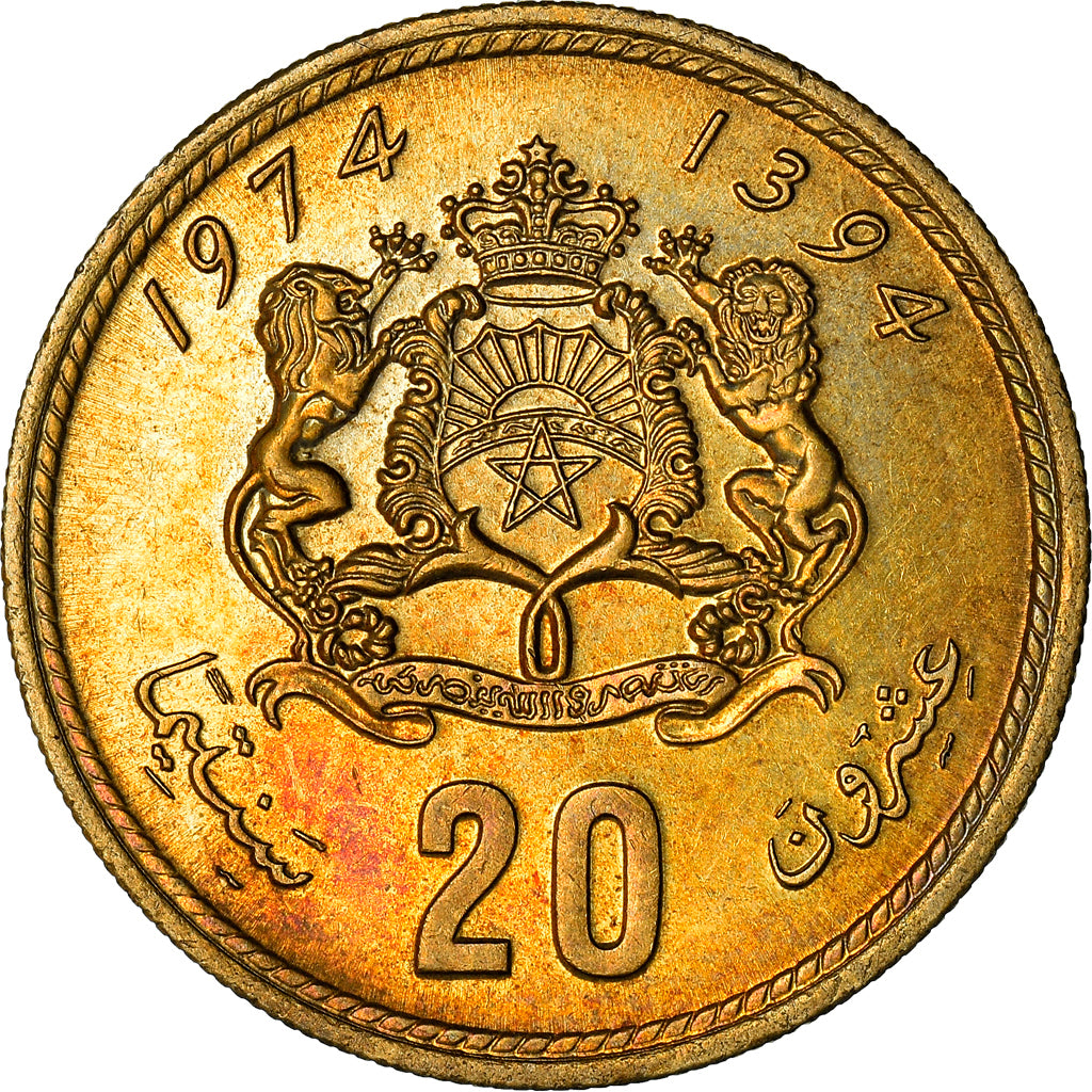 Münze, Marokko, al-Hassan II, 20 Santimat, 1974, UNZ, Aluminum-Bronze, KM:61