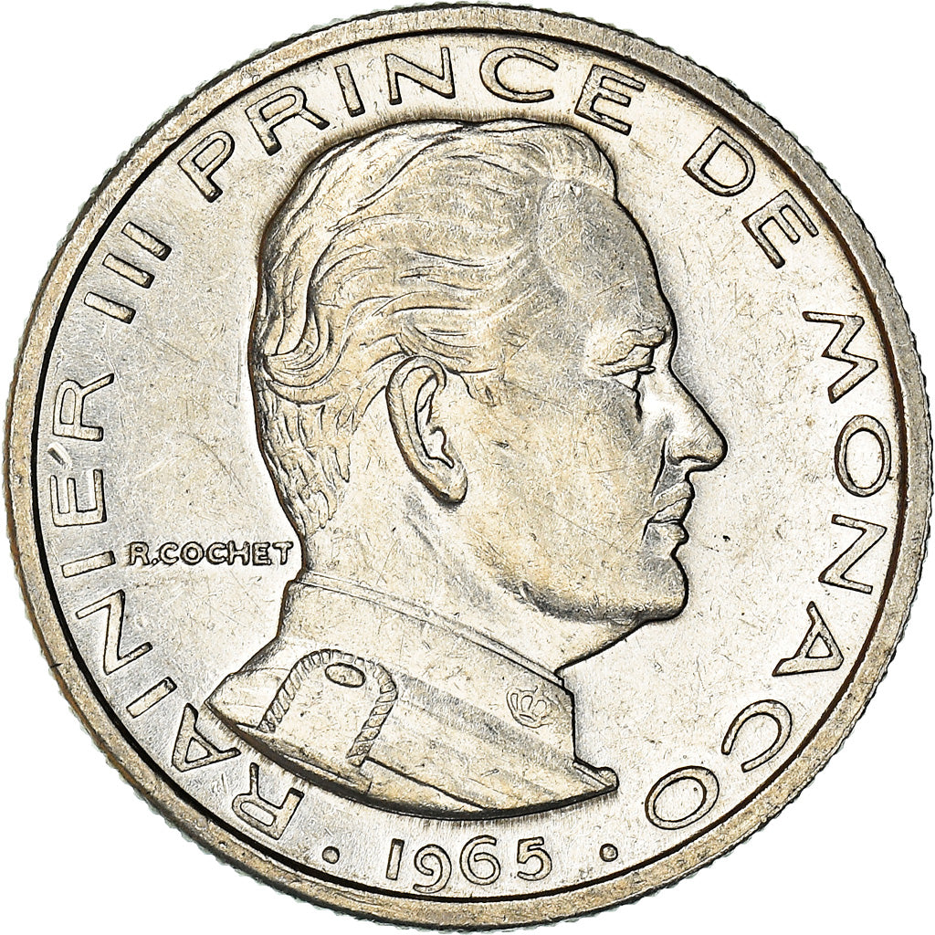 Coin, Monaco, Rainier III, 1/2 Franc, 1965, AU(50-53), Nickel, KM:145