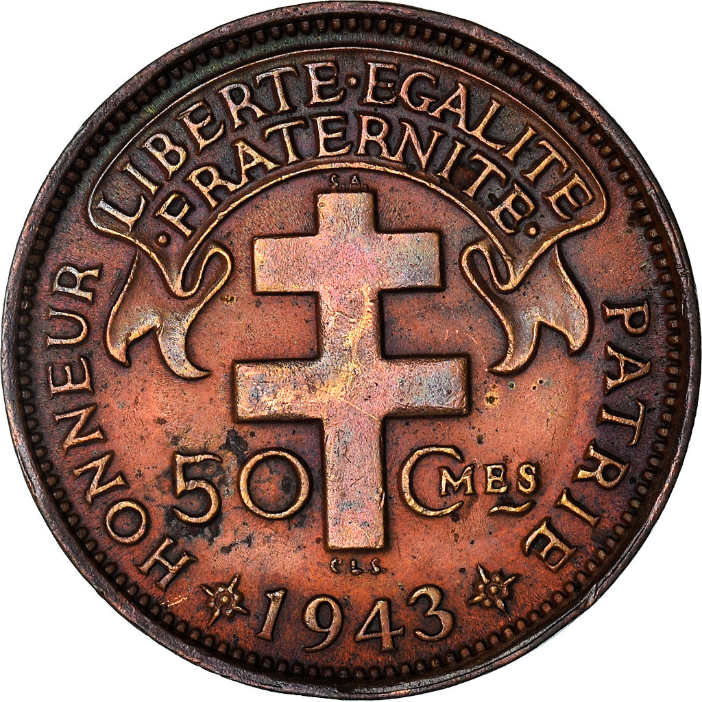 Moneta, Madagascar, 50 Centimes, 1943, Pretoria, BB, Bronzo, KM:1