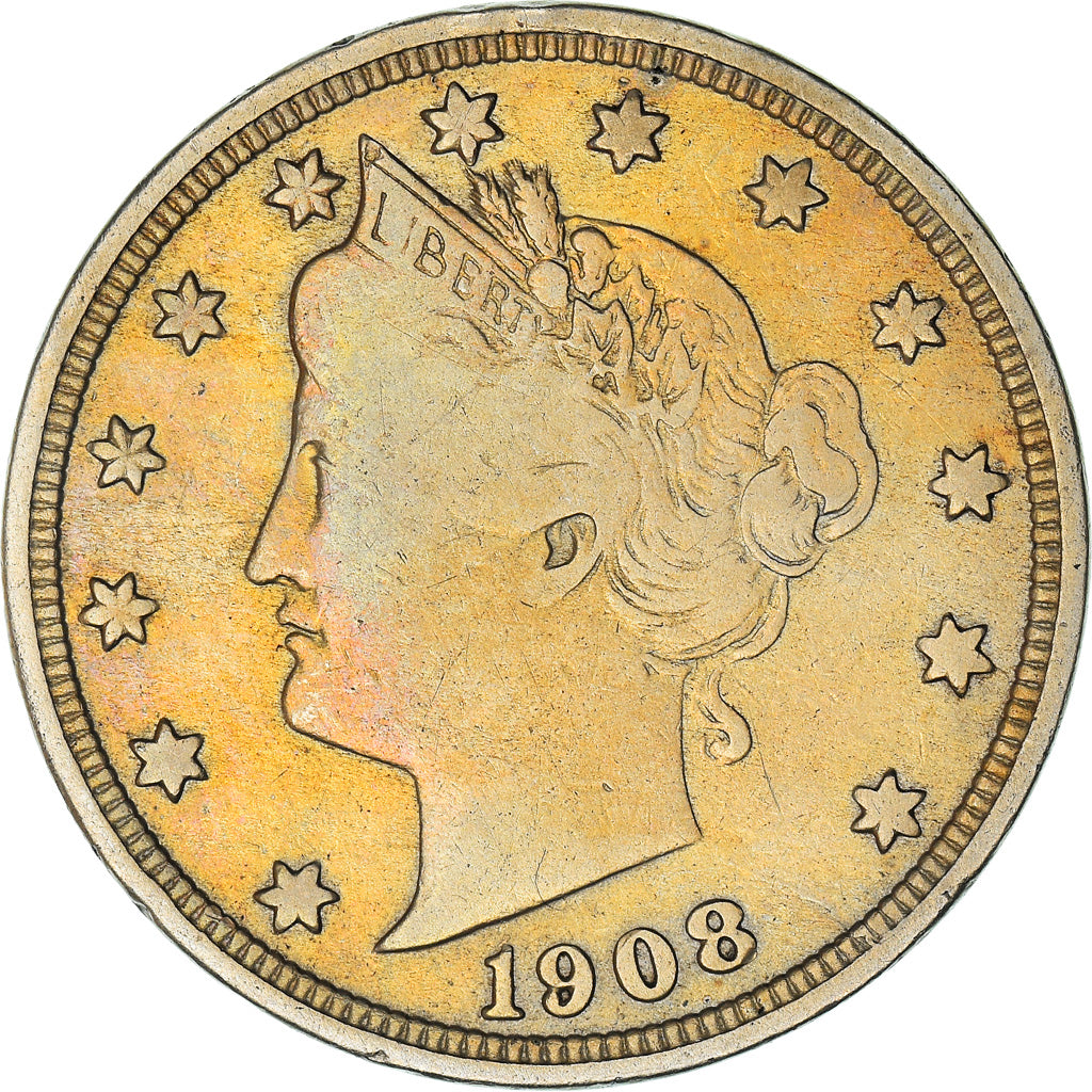 Coin, United States, Liberty Nickel, 5 Cents, 1908, U.S. Mint, Philadelphia